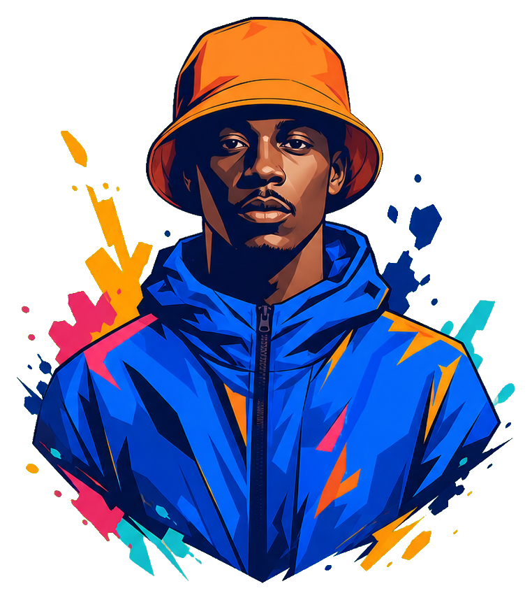 Colorful hip hop performer portrait wearing an orange bucket hat and blue jacket