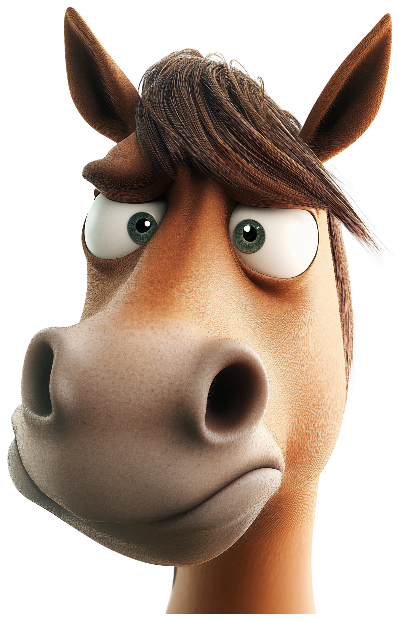3D cartoon horse face with big eyes, brown mane, and expressive snout
