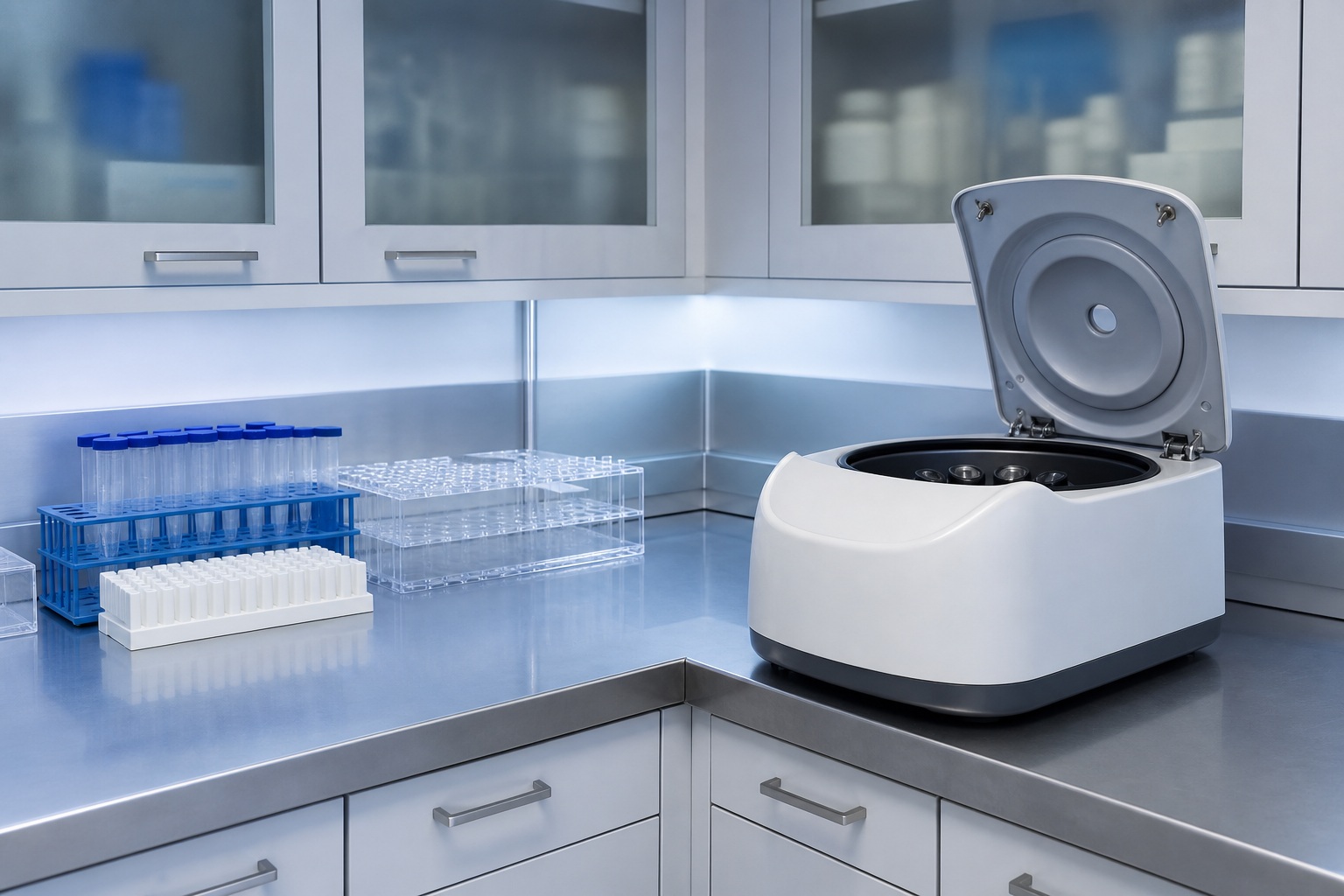 Clean laboratory bench with research equipment and an open centrifuge beside glassware.