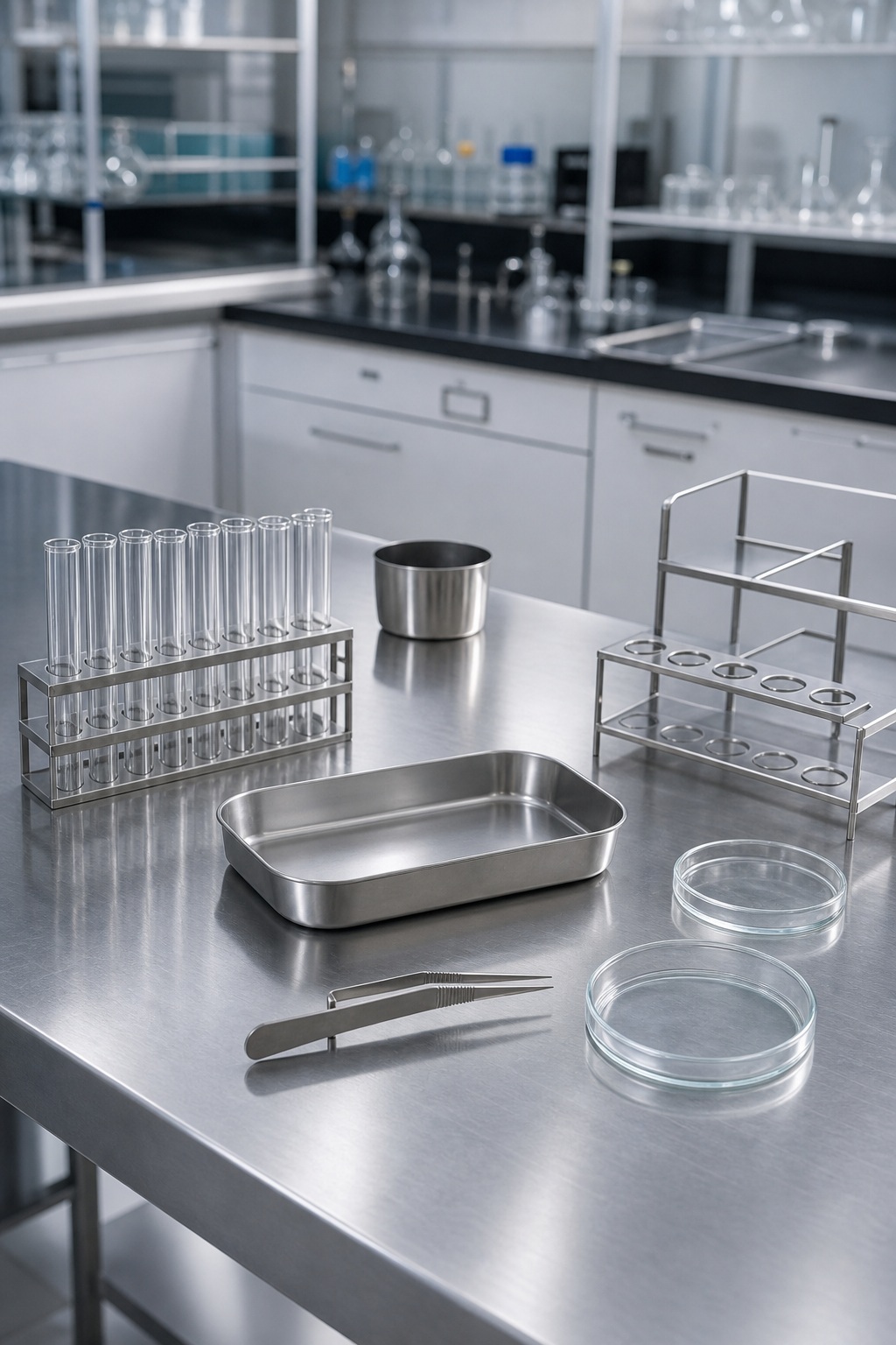 Stainless steel laboratory table with test tubes, trays, glass dishes, and research tools