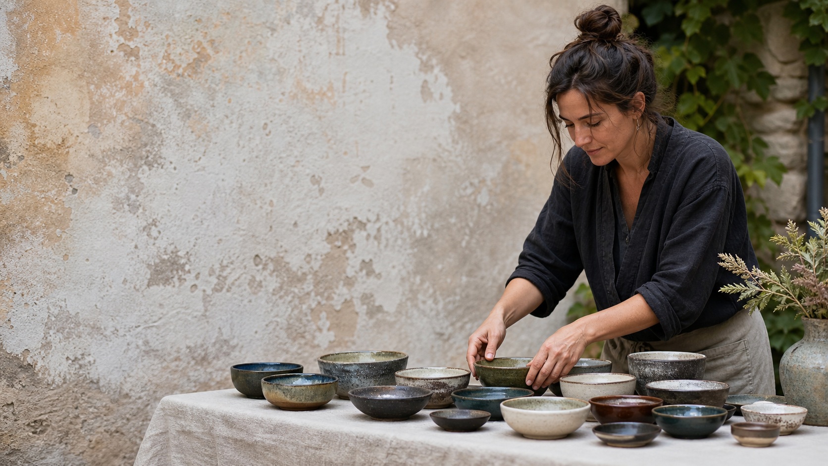 Woman arranging ceramic bowls on a rustic table beside a weathered wall