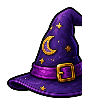 Purple wizard hat with gold stars, crescent moon, and a gold buckle band.