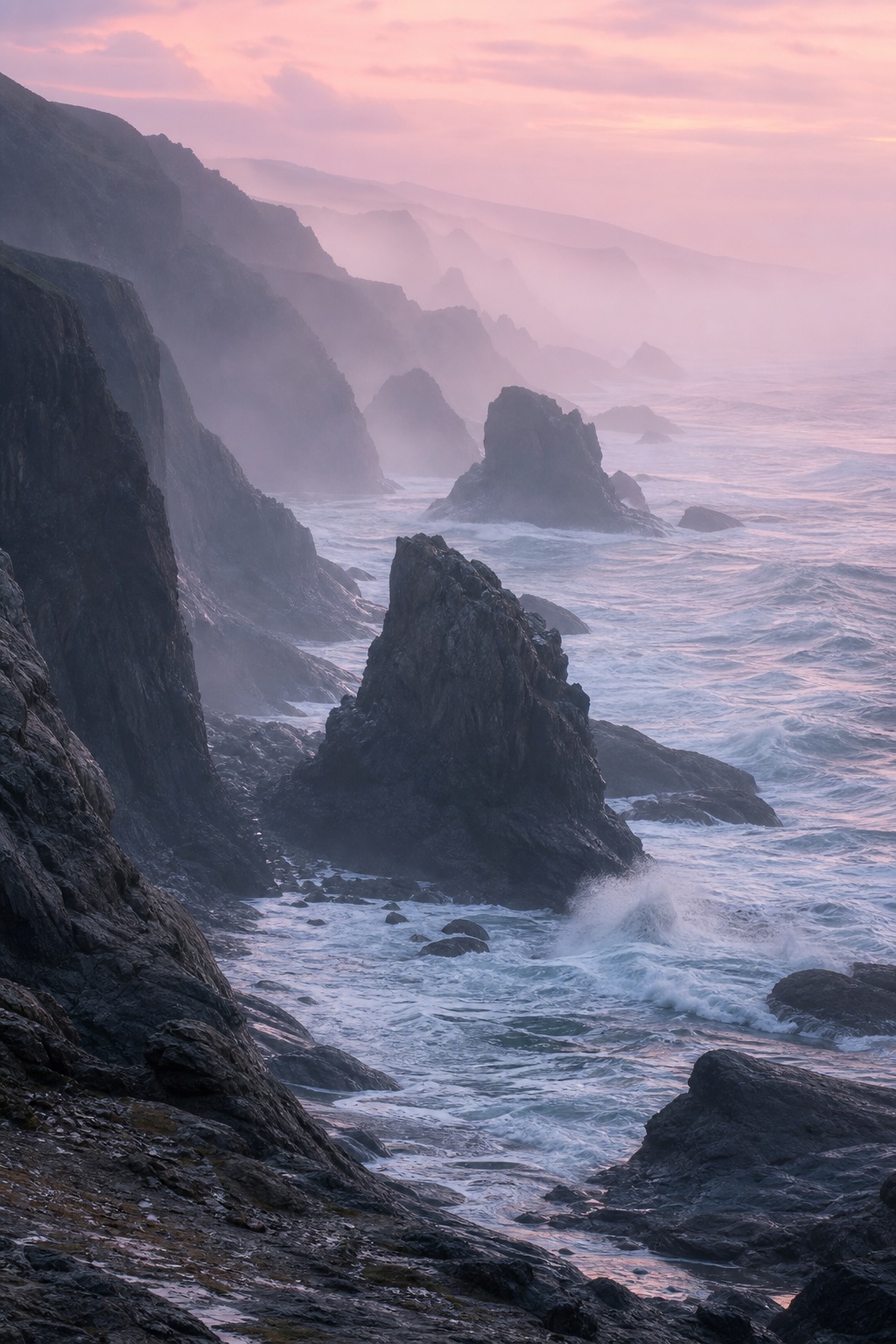 Misty rocky sea stacks and cliffs along a pink dawn ocean inlet.