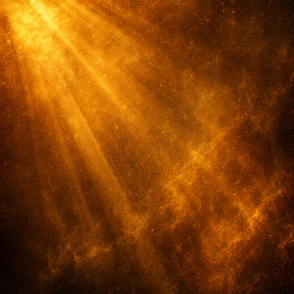 Amber light beams and dust shafts glowing across a dark cinematic background