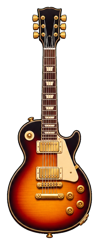 Sunburst electric guitar with a dark neck and gold hardware on a black background.