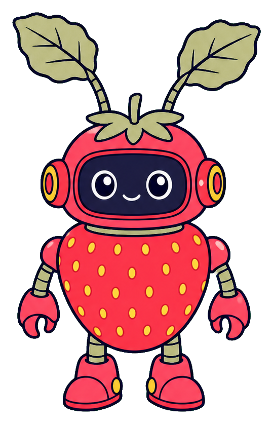 Cute strawberry-shaped robot with leaves on top, smiling face, and pink arms and legs.