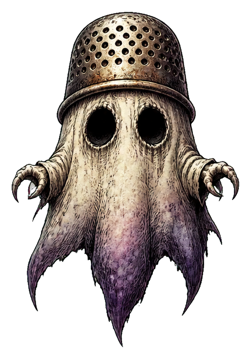 A ghostly creature with a perforated thimble-like head and hollow black eyes.