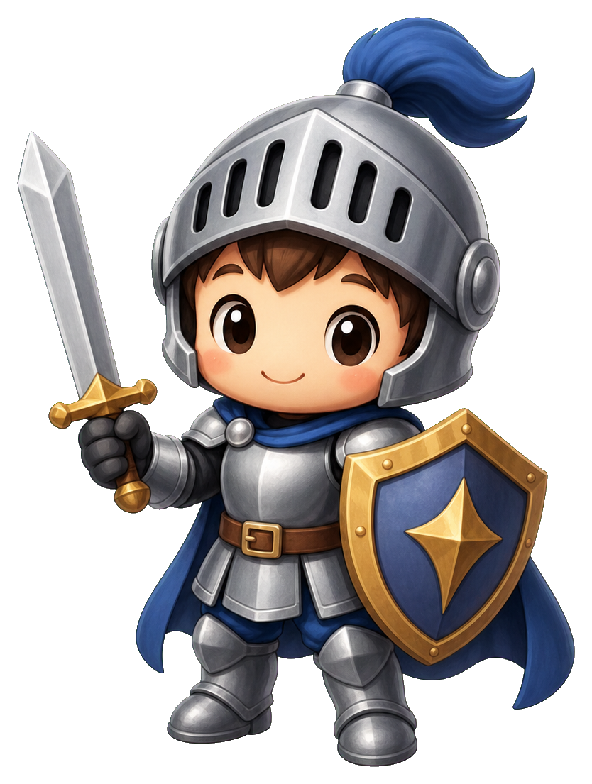 Cute tiny knight holding a sword and shield with blue accents