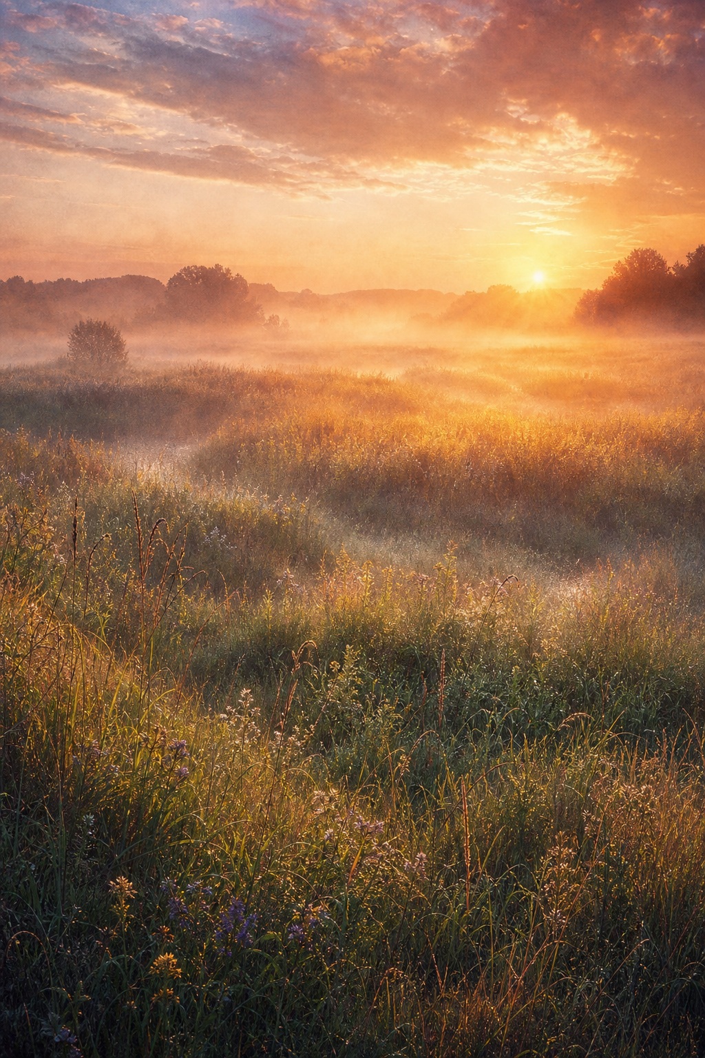 Sunrise over a foggy meadow with tall grass, mist, and warm golden light