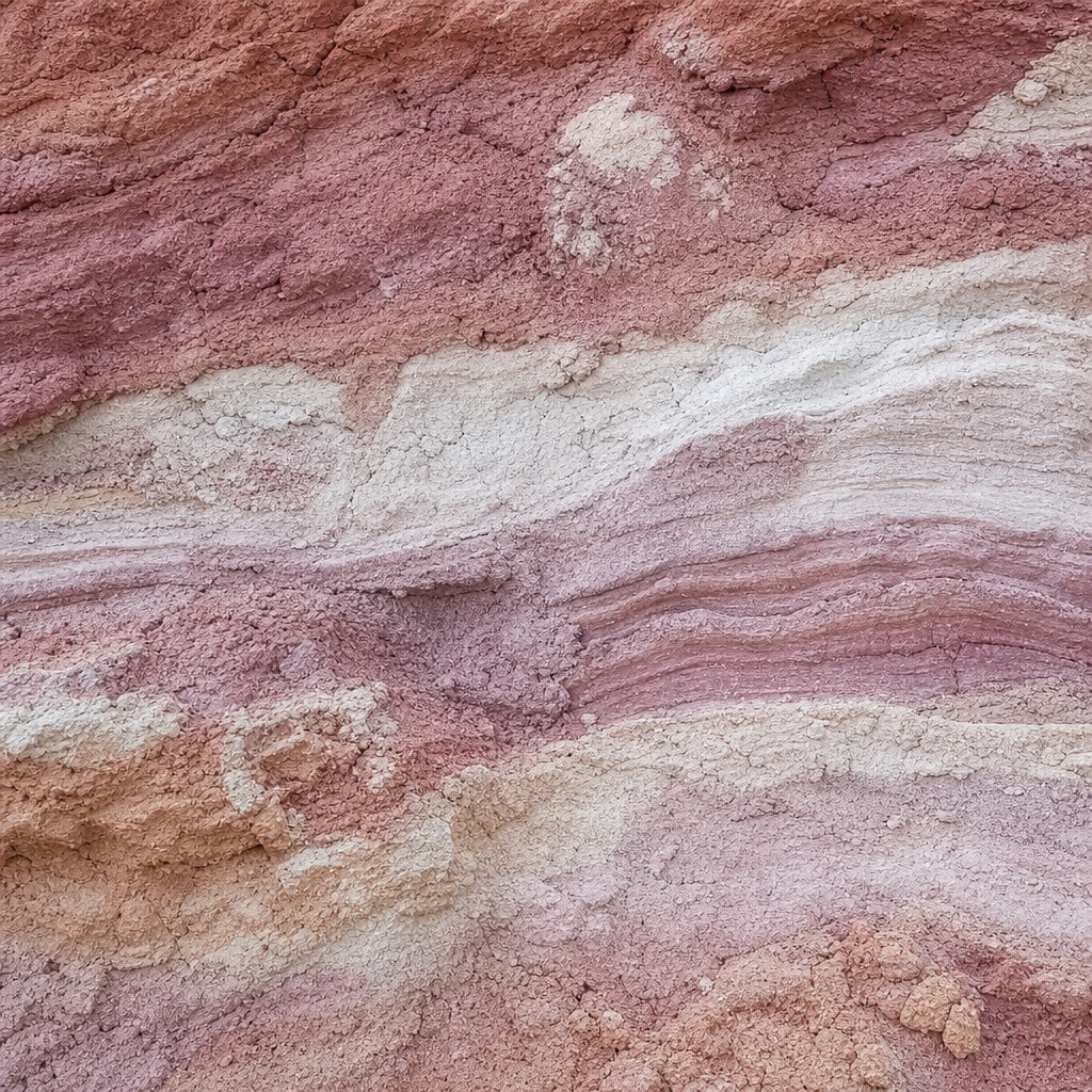 Layered rose clay and chalk deposits forming a soft mineral strata texture.