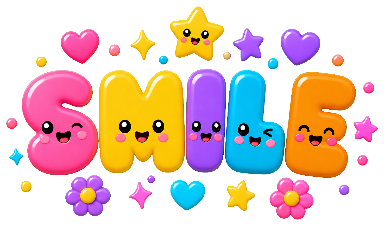 Colorful bubble letters spelling smile with hearts and small flowers around it.