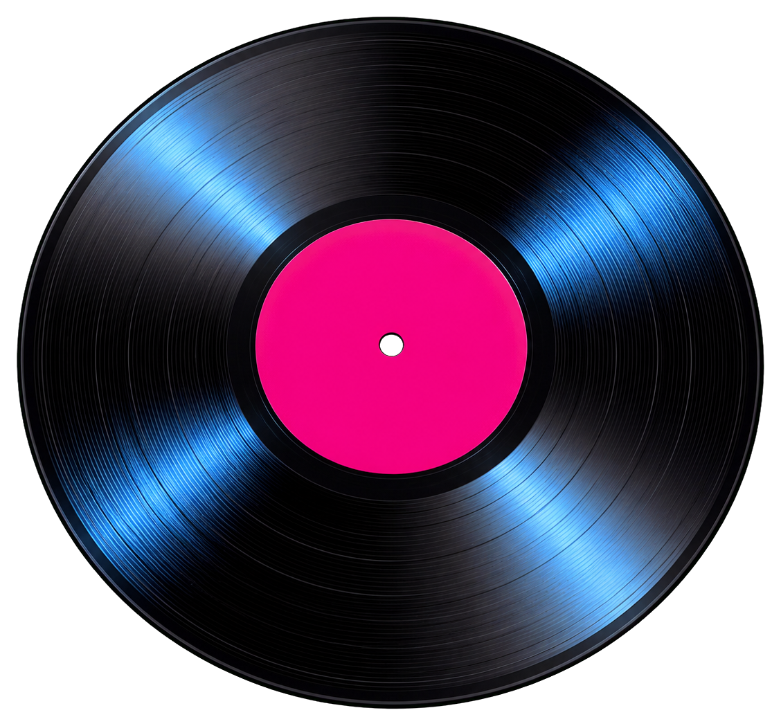 Black vinyl record with a bright pink center label and blue highlights