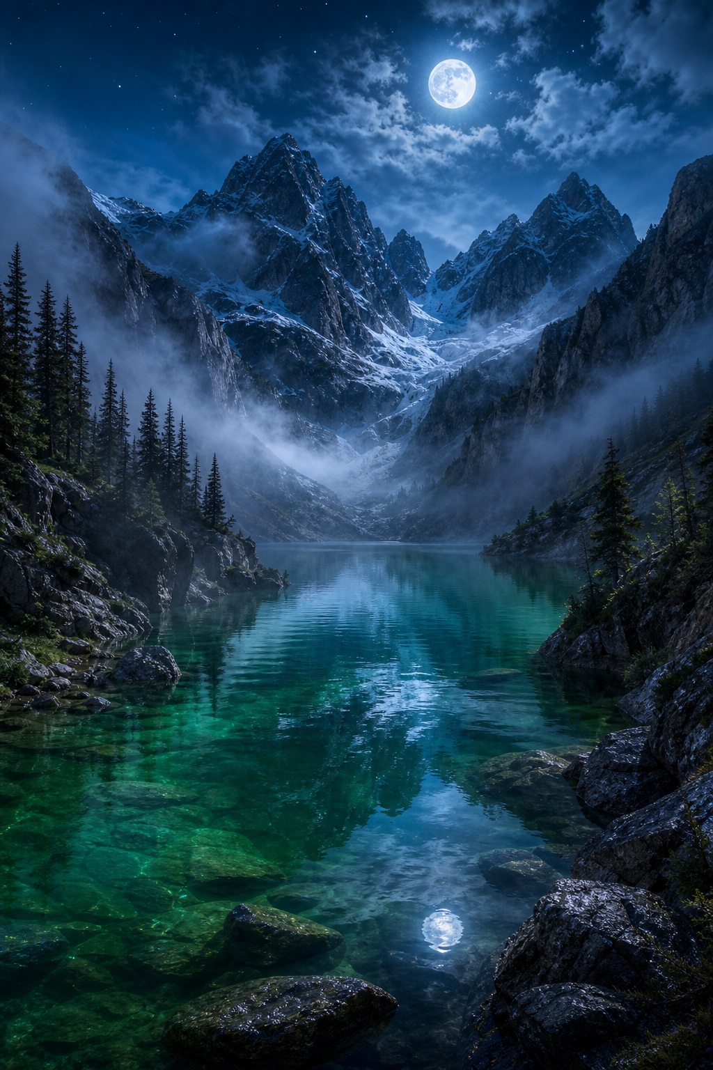Moonlit alpine lake with jagged mountains, pine trees, and reflections on emerald water