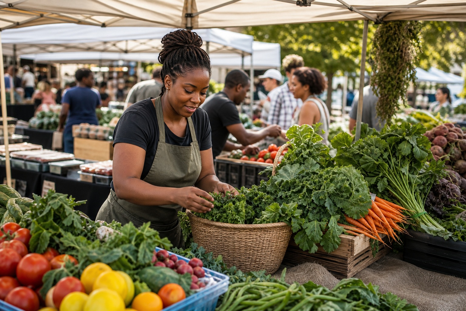 Vendor arranging fresh vegetables at a busy outdoor farmers market stall.