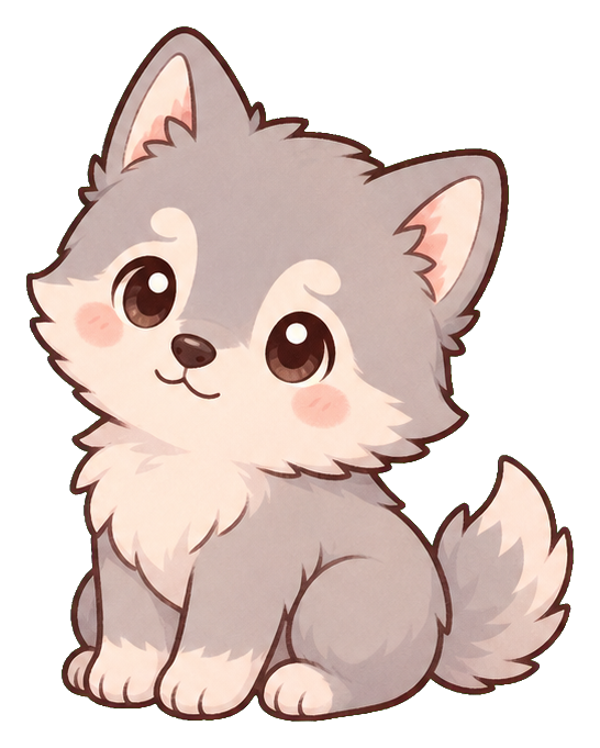 Cute pastel silver wolf sitting with big eyes, pink cheeks, and fluffy fur