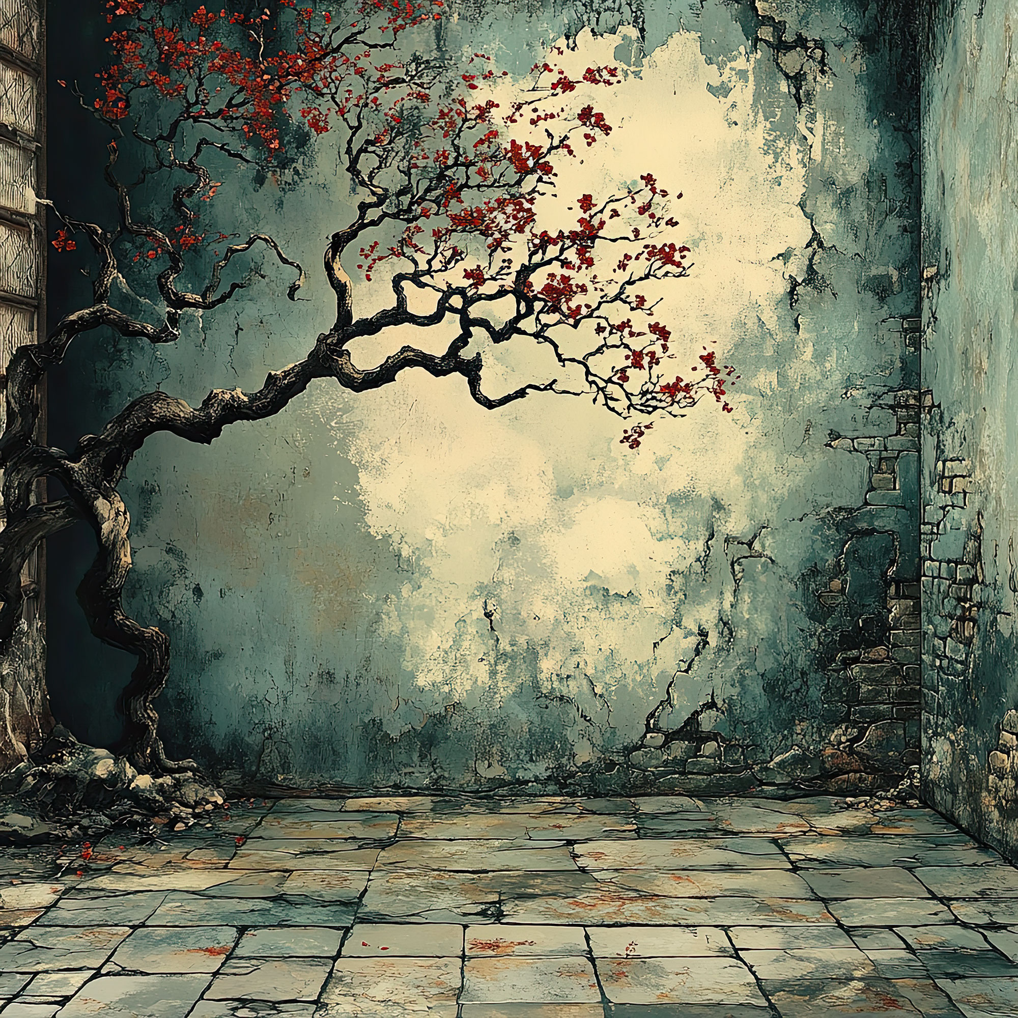 Preview for Serene-courtyard-blossoming-tree-spooky-backdrop-background-f90e4