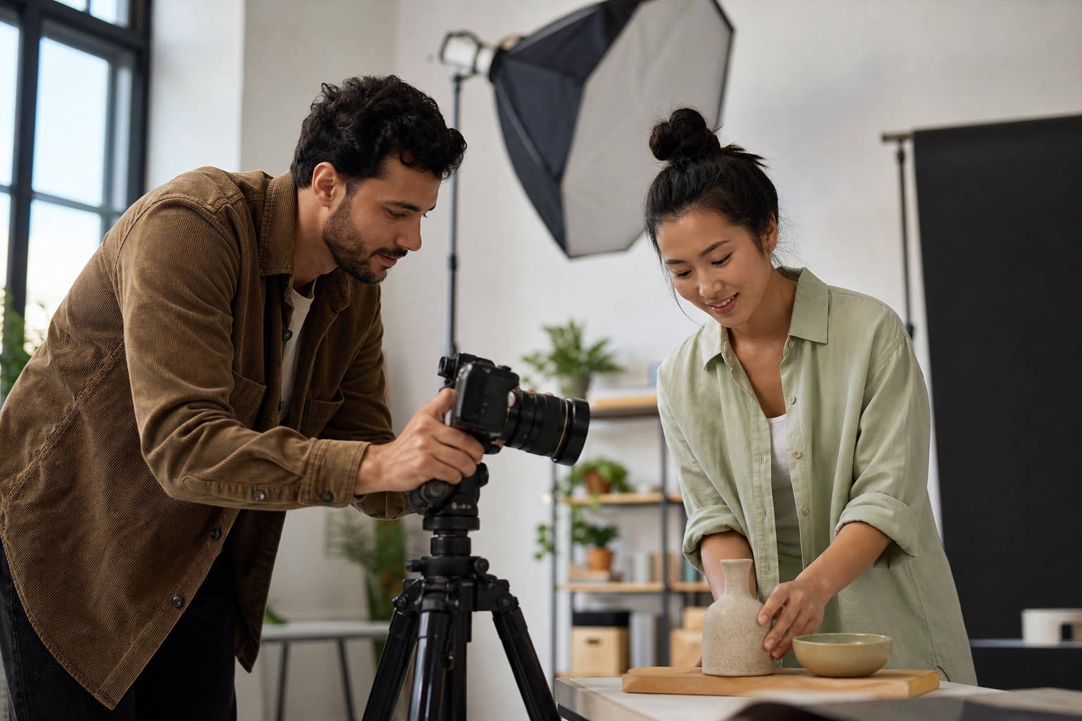 Two people working in a studio, one adjusting a camera on a tripod and one arranging items on a table.