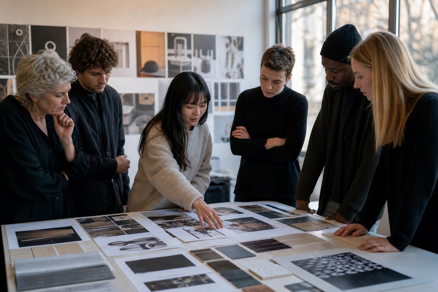 Group of people reviewing printed design layouts around a table in a workshop