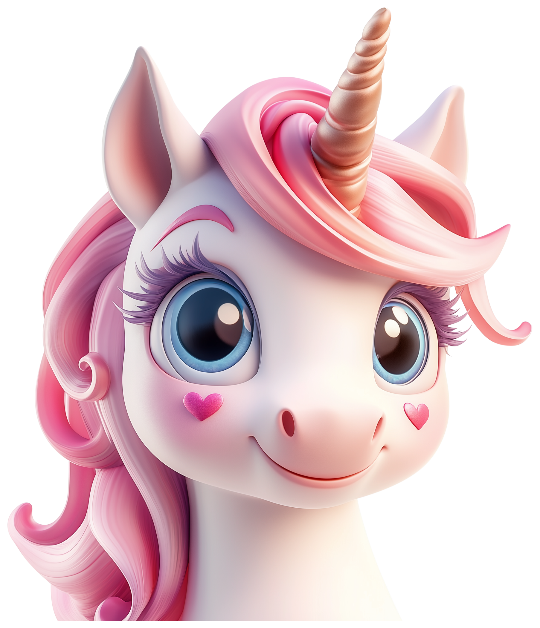Cute cartoon unicorn with pink mane, big eyes, and a smiling face