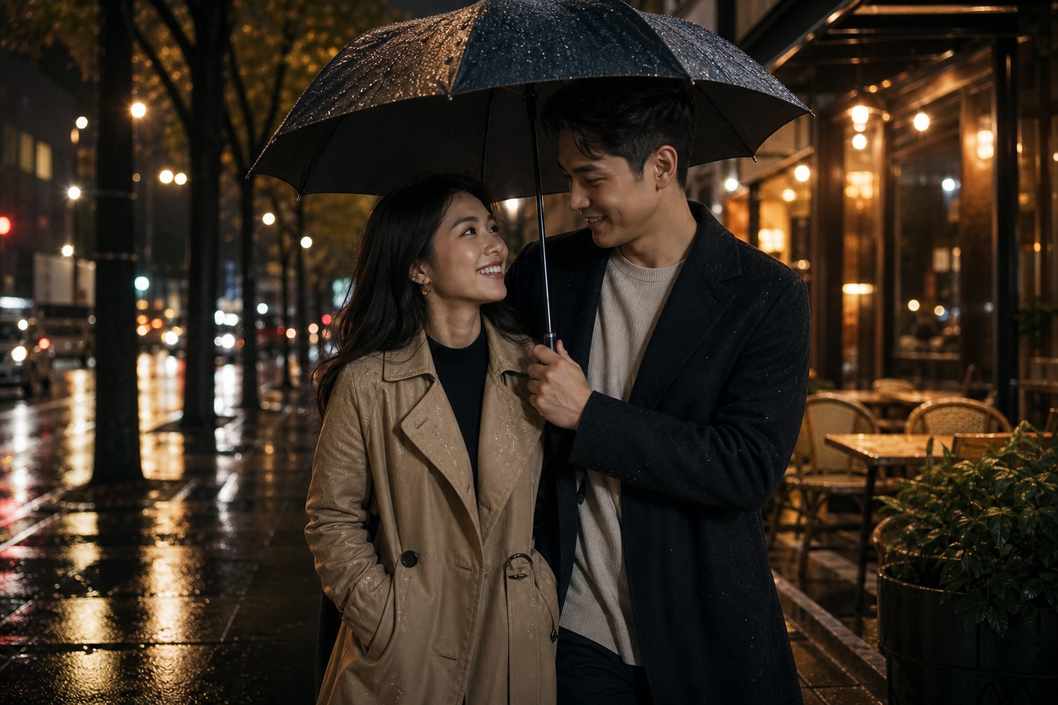 Couple standing under a shared umbrella on a rainy city sidewalk at night
