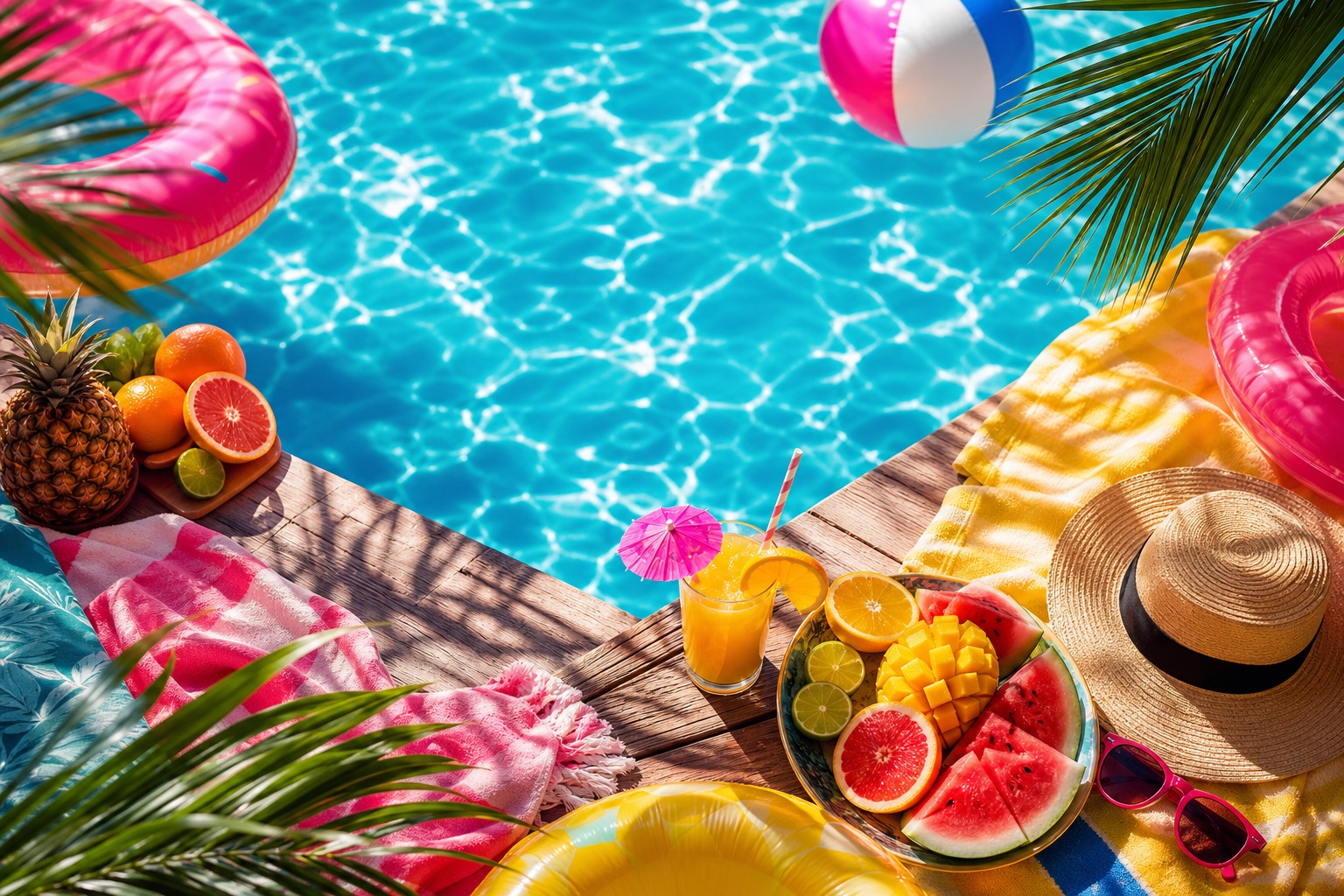 Colorful tropical pool party setup beside a bright blue pool with fruit, drinks, and a sun hat.