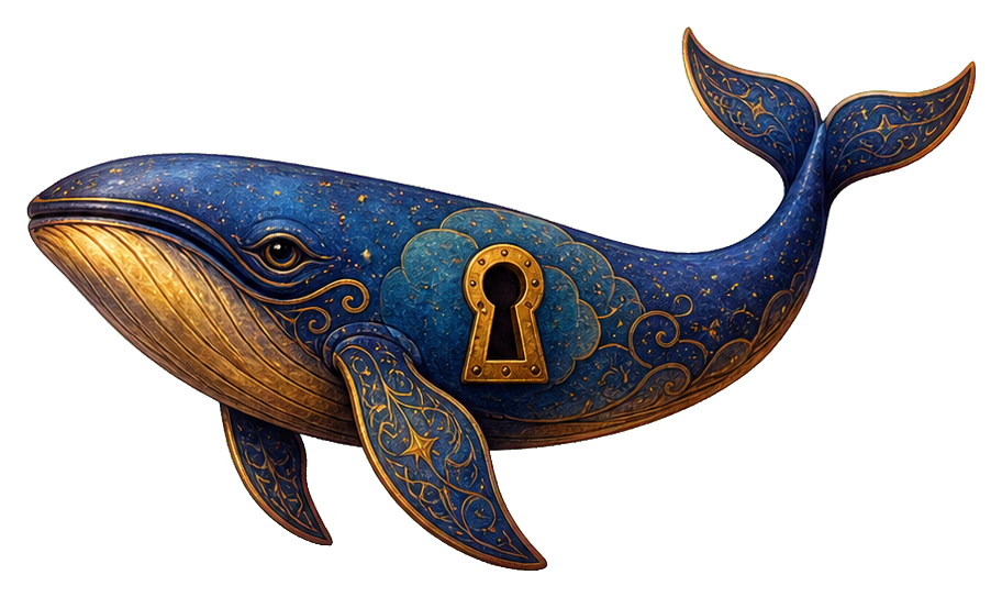 Blue whale with a golden keyhole on its body and tail raised upward