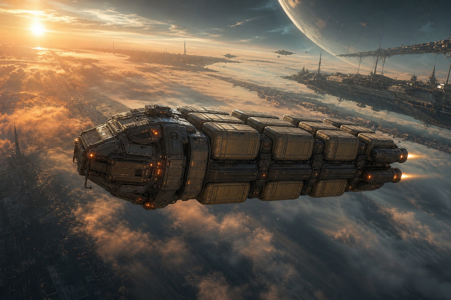 Cinematic cargo freighter flying above clouds in warm golden light