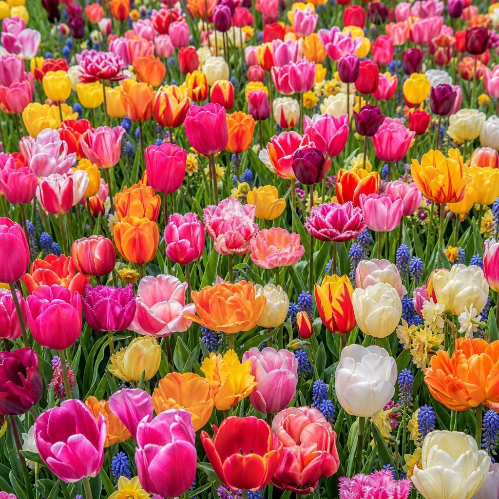 Colorful tulips in full bloom filling a spring garden field.