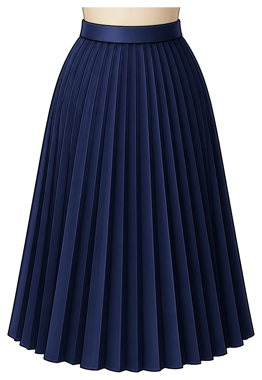 Navy pleated skirt graphic with a light waistband and flared folds.