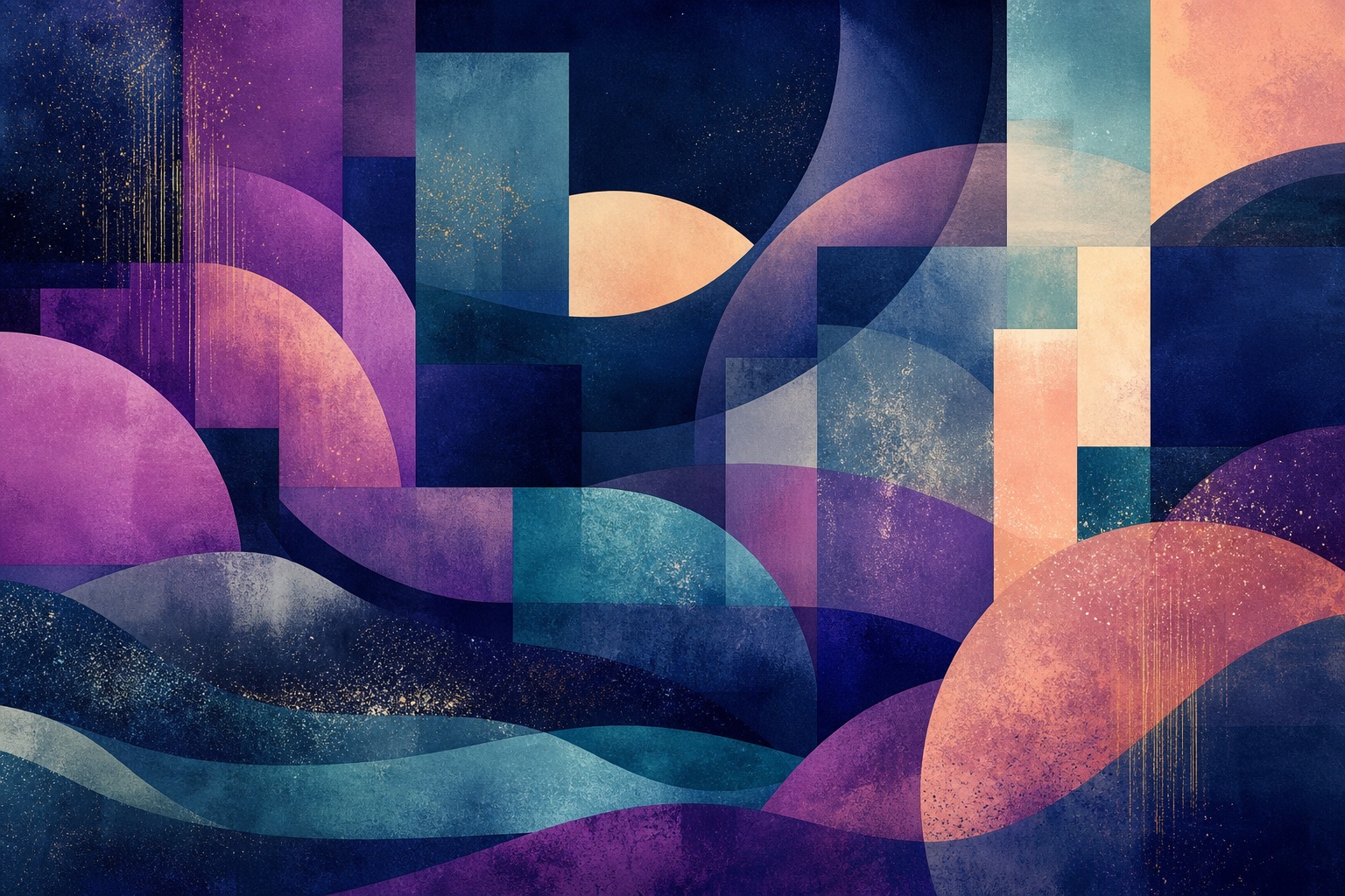 Abstract geometric shapes with bold orchid, navy, and peach color fields