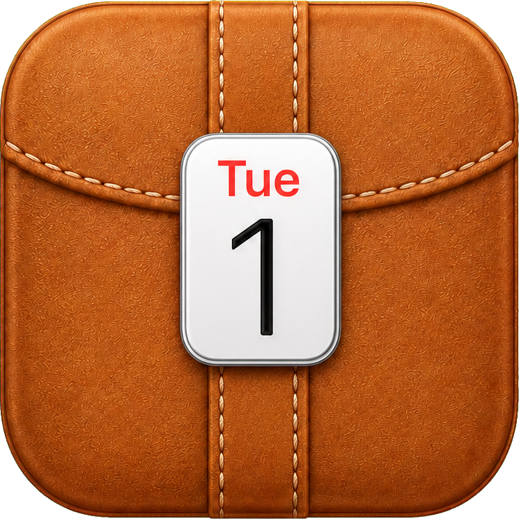 Caramel leather calendar app icon with a white date badge reading Tue 1.