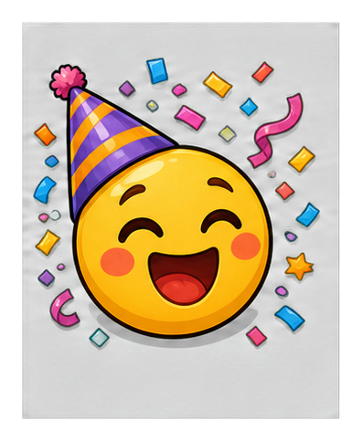 Smiling yellow face wearing a party hat with colorful confetti around it