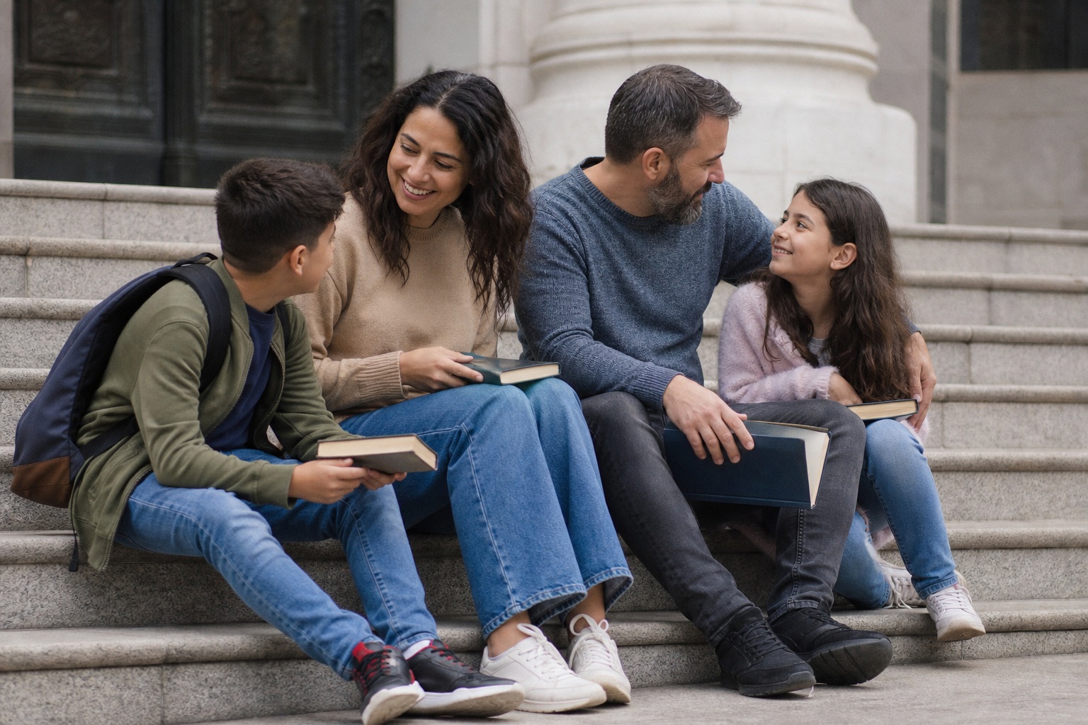 Family of four sitting together on stone steps outdoors, talking and smiling.