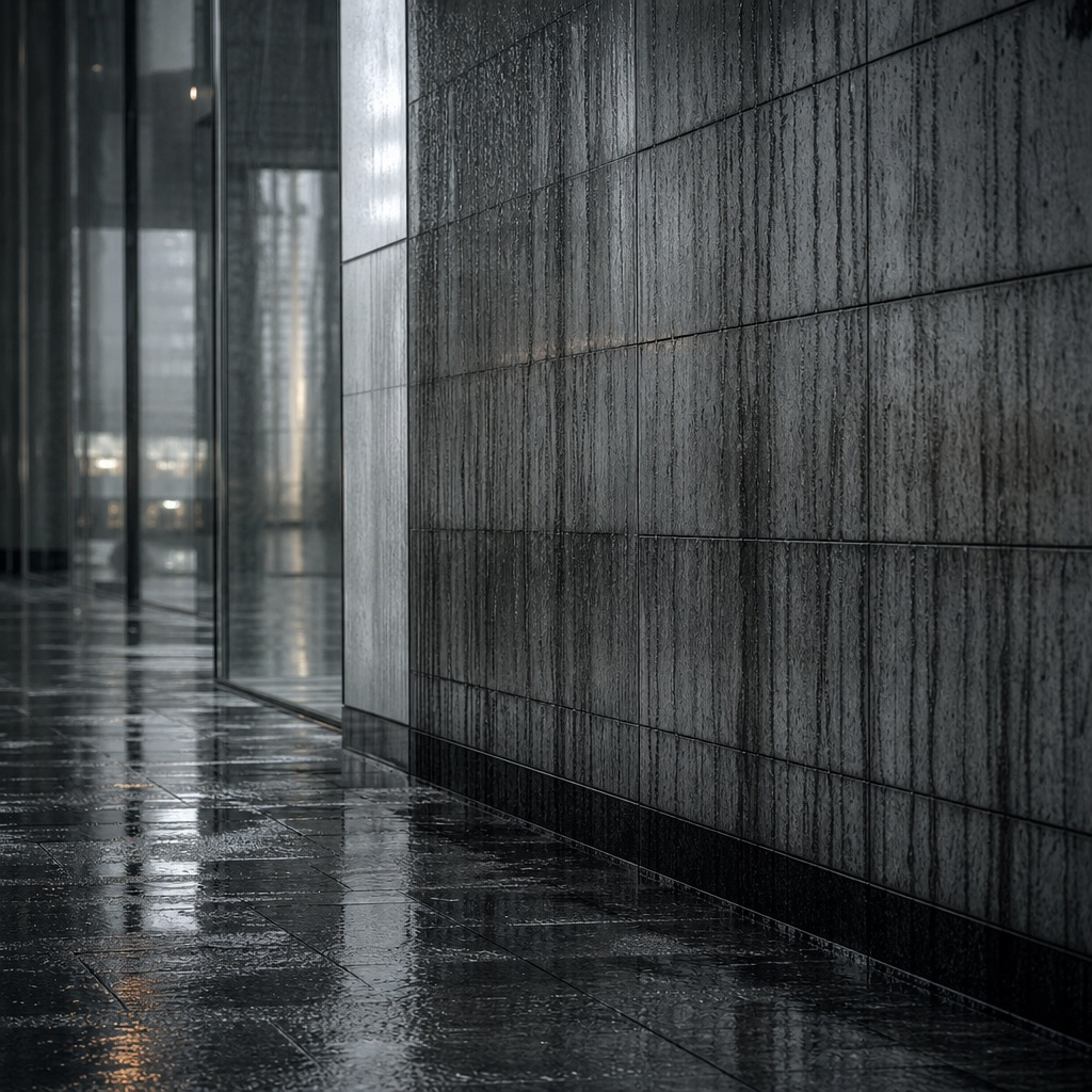 Rain-streaked building facade beside a wet city walkway in soft monochrome tones.