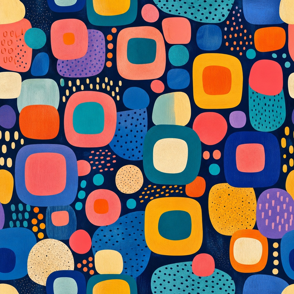 Colorful abstract background with rounded squares, blobs, and dotted geometric tiles.