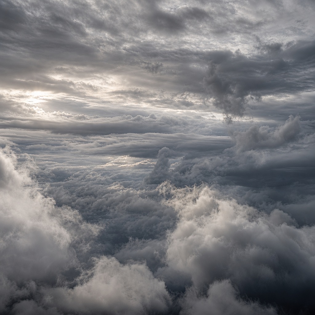 Layered gray clouds filling the sky with a soft silver overcast tone