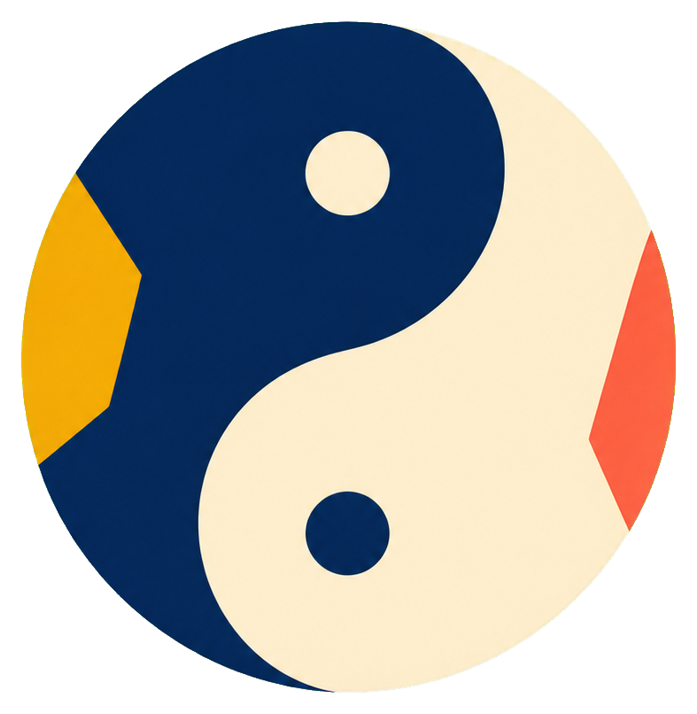 Circular layered paper yin yang symbol with blue, cream, yellow, and red shapes