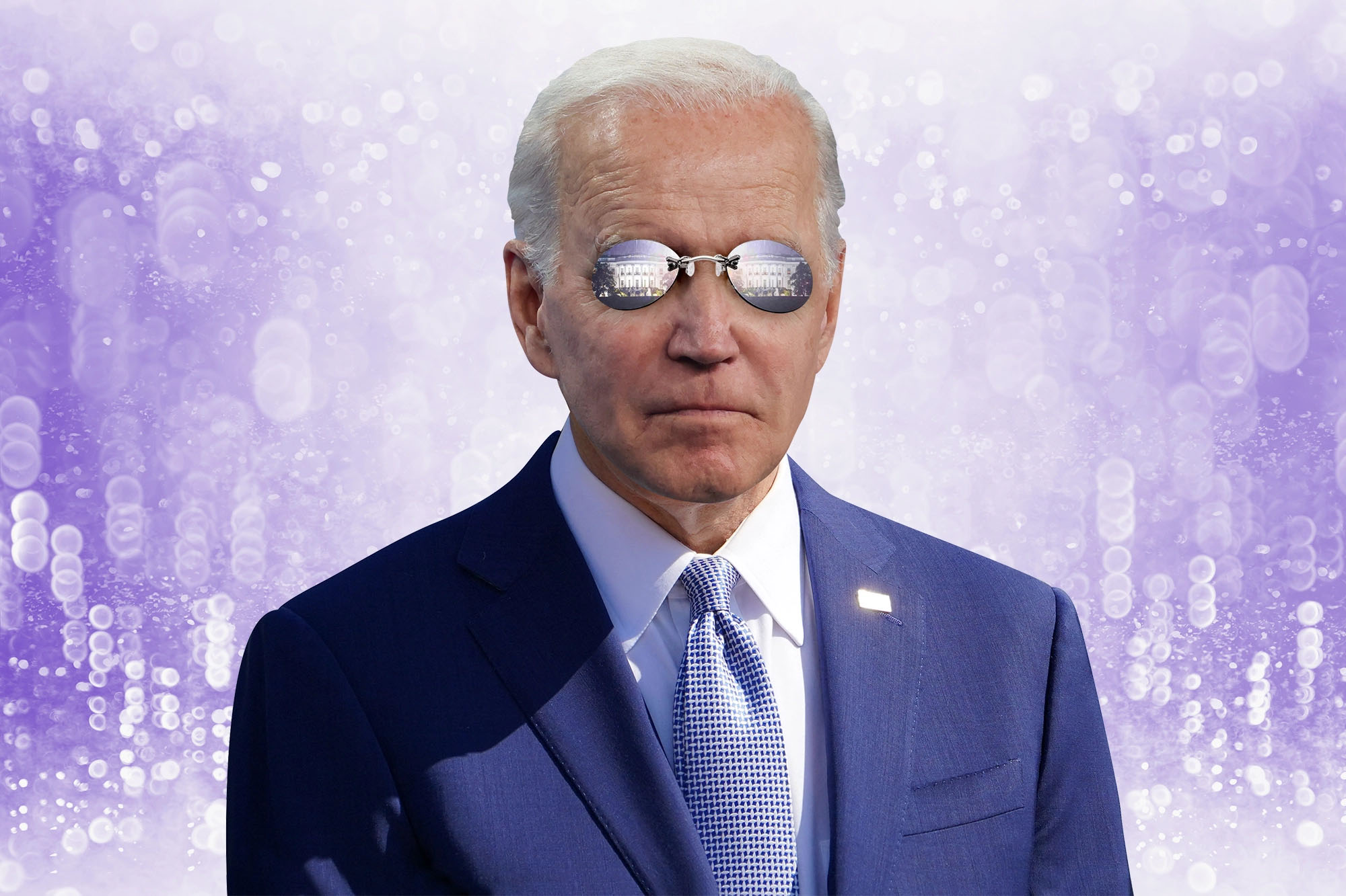 Joe Biden wearing a dark suit and reflective glasses against a purple futuristic background.