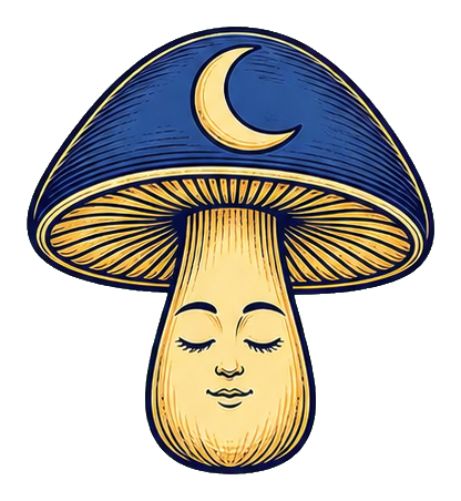 A smiling mushroom with a crescent moon above it in a celestial style