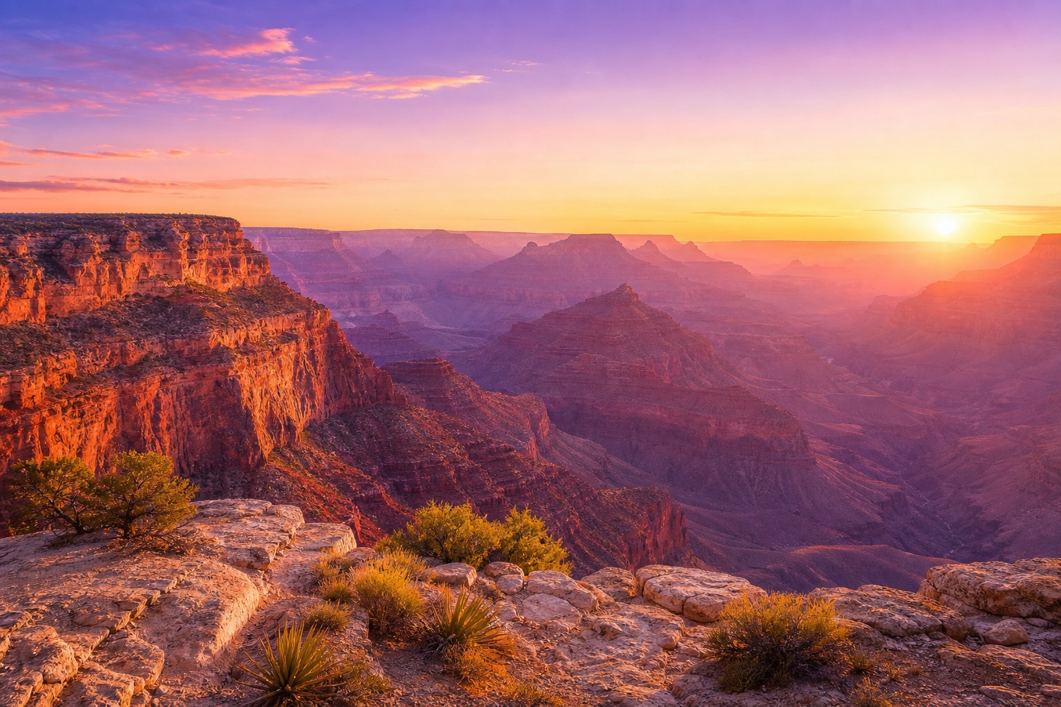 Grand Canyon canyon rim overlooking layered sandstone cliffs at sunset