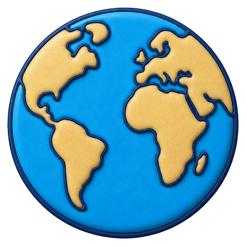 Blue cookie-shaped globe with tan continents and a dark outline