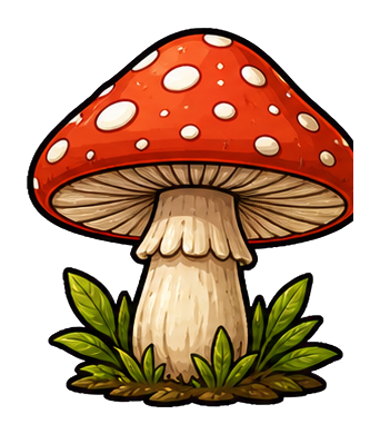 Red mushroom with white spots and a pale stem growing above green leaves.