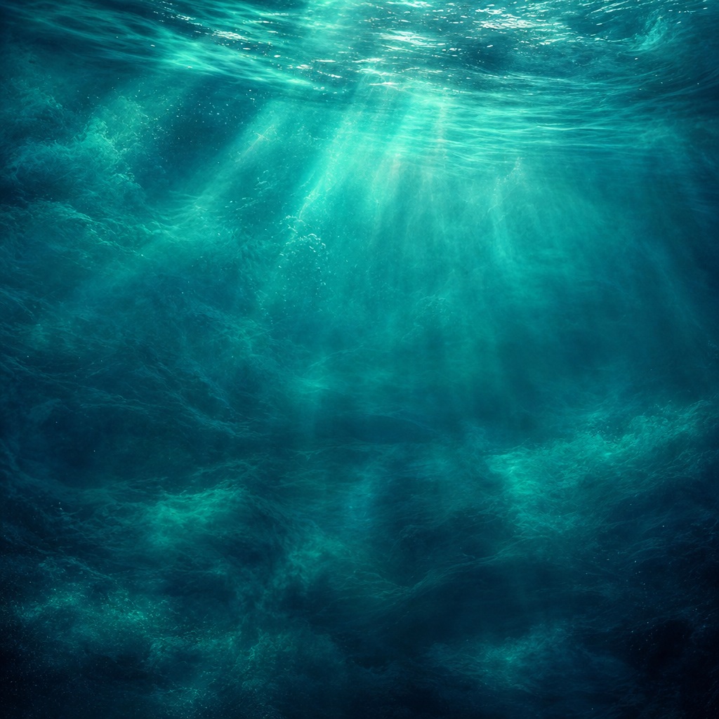 Aquamarine underwater scene with light rays filtering through hazy ocean water