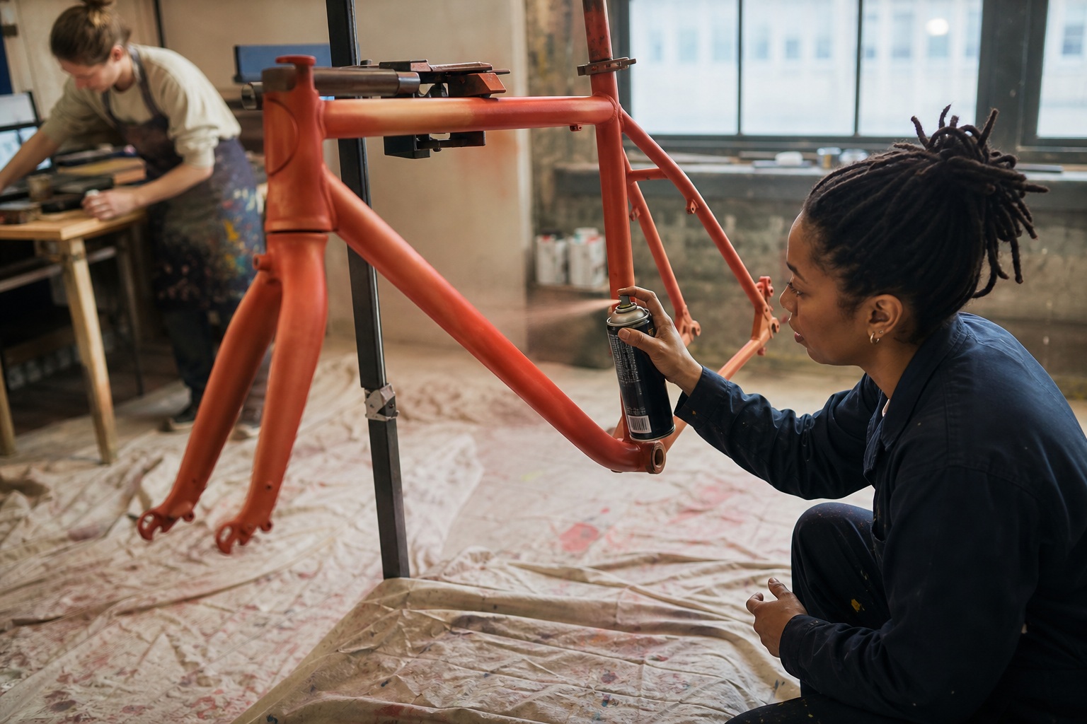 Person painting a red bike frame in a candid workshop studio scene.
