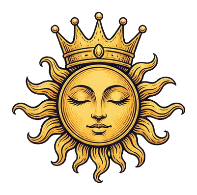 Golden sun with a crown and closed eyes in a mystical sticker style