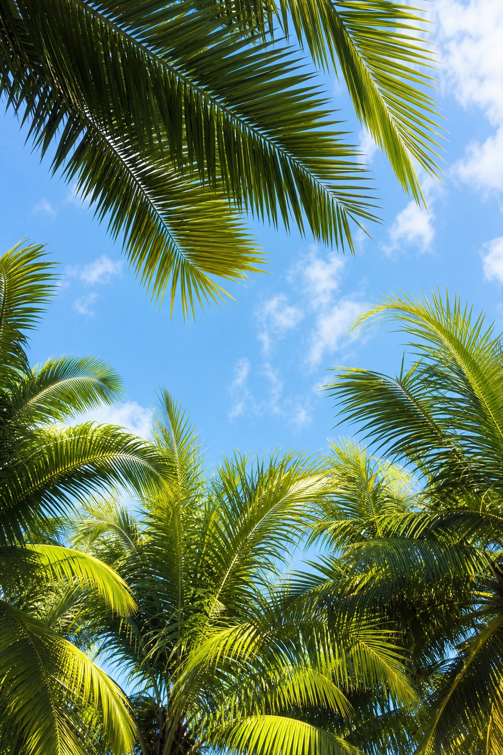 Palm fronds framing a bright blue sky with a sunny tropical beach feel