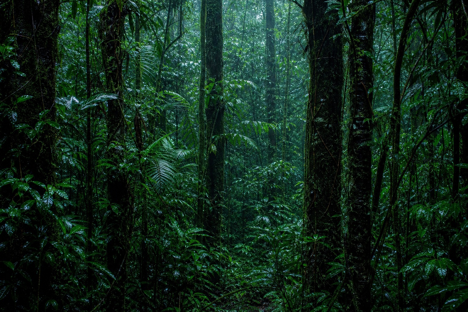 Dense rainforest canopy with tall rain-darkened trunks and deep green foliage