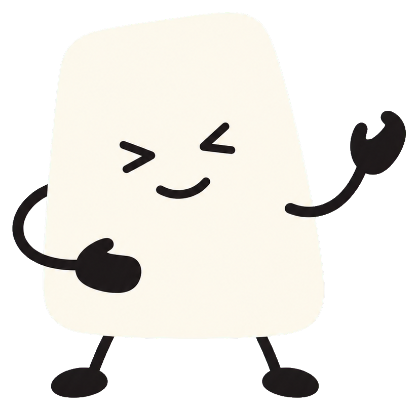 Small white character smiling and posing with an imaginary air guitar.