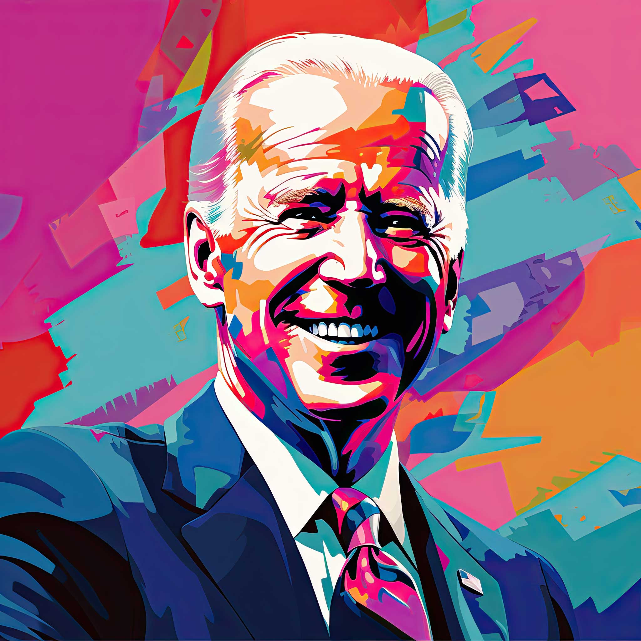 Colorful pop art portrait of Joe Biden smiling against a pink and blue abstract background.