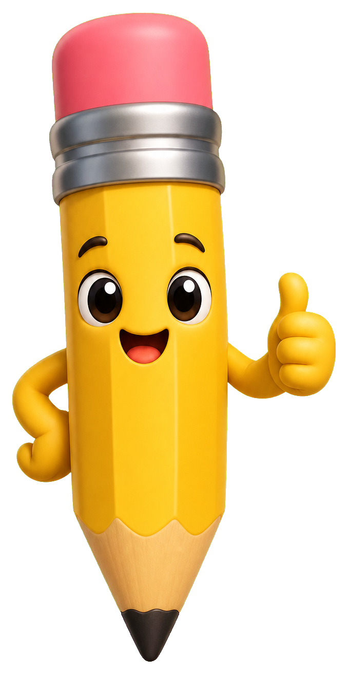 Smiling yellow pencil mascot with a pink eraser and raised thumbs-up hand